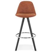 Tabouret snack mi-hauteur 'BLACK CIRCLE MINI' tissu marron 4 pieds bois noir et chromé dossier haut