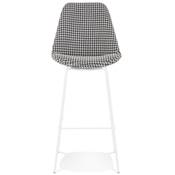 Tabouret de snack mi-hauteur 'KESKI MINI' en tissu pied de poule 4 pieds métal blanc dossier haut