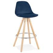 Tabouret snack mi-hauteur scandinave 'CIRCLE MINI' velours bleu 4 pieds bois et chromé dossier haut