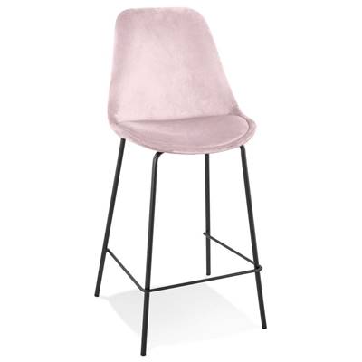 Tabouret de snack mi-hauteur 'KESKI MINI' en velours rose 4 pieds en métal noir dossier haut