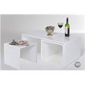 Table basse + 2 tables design d'appoint gigognes 'Shiny' blanc laqu  90 x 50 cm