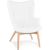 Fauteuil à oreilles capitonné design scandinave 'ELEGAN' en tissu bouclé blanc pieds en bois naturel