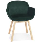 Chaise design à accoudoirs 'MAJESTY' en velours vert et 4 pieds en bois naturel