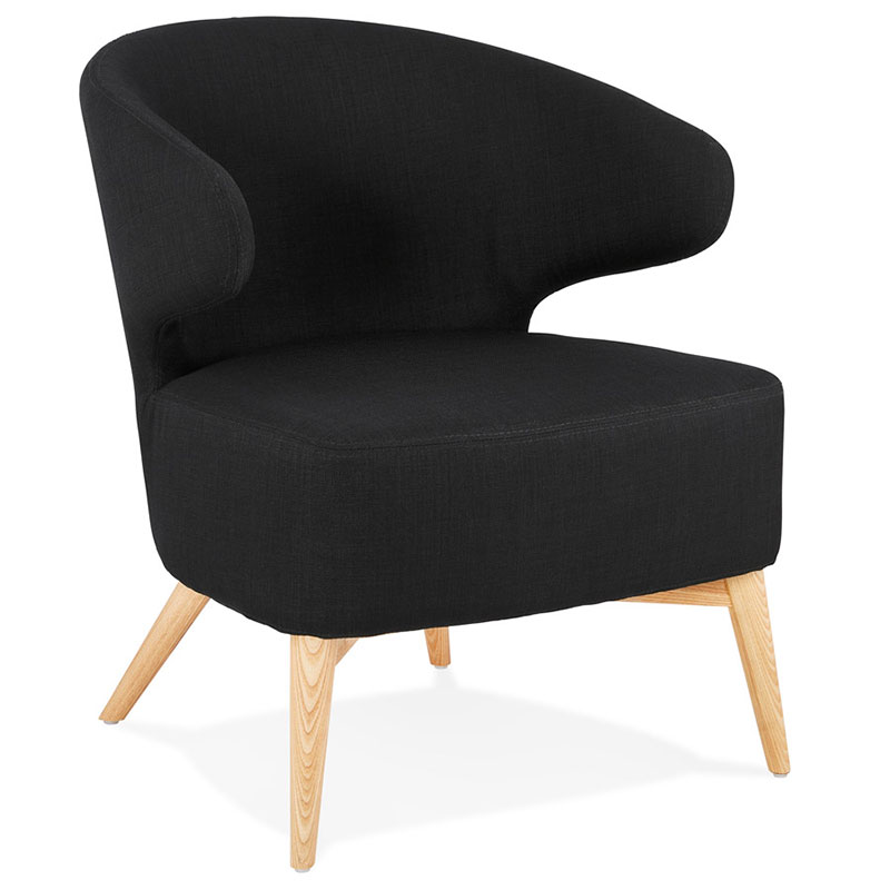 Fauteuil lounge design à accoudoirs 'COBBE' en tissu noir pieds en bois naturel
