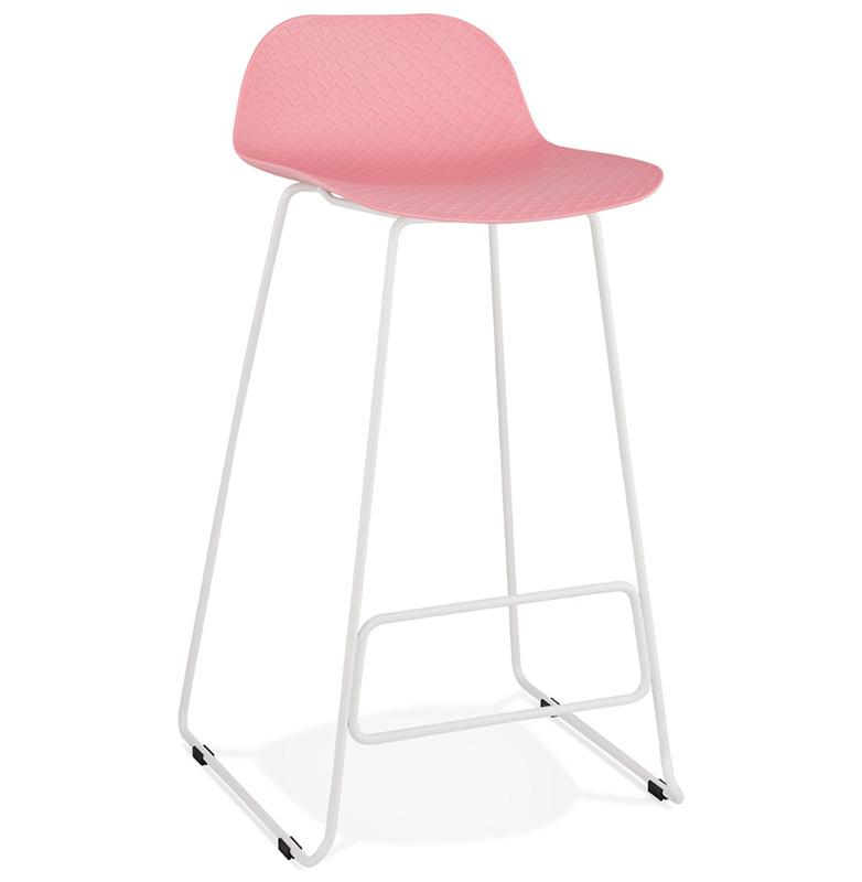 Tabouret de bar design 'Steel' rose pieds tréteaux et repose pieds en métal blanc et dossier bas