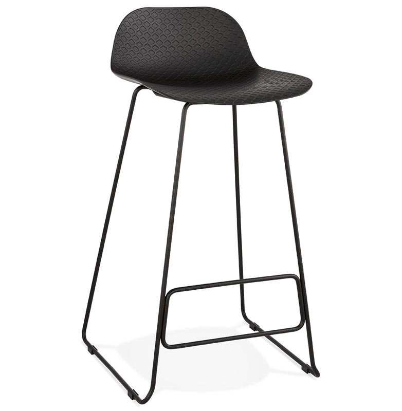 Tabouret de bar design 'Steelblack' noir pieds tréteaux et repose pieds en métal noir dossier bas