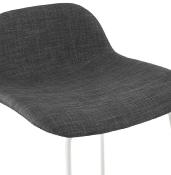 Tabouret de bar design 'Steel' tissu gris foncé pieds tréteaux repose pieds en métal blanc et dossier bas