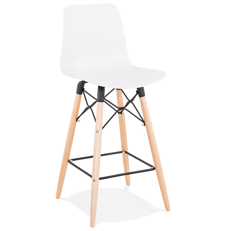 Tabouret de snack mi-hauteur scandinave 'Slakwood Mini' blanc 4 pieds bois repose pieds dossier haut