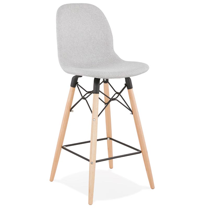 Tabouret de snack mi-hauteur scandinave 'Verkwood Mini' tissu gris clair 4 pieds bois dossier haut