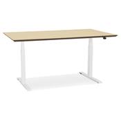 Bureau design assis-debout électrique 'SMALL TECH' en bois naturel pieds métal blanc - 150 x 70 cm