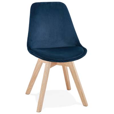 Chaise design 'Milano' en velours bleue avec 4 pieds en bois naturel