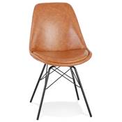 Chaise design 'GORD' en skaï de qualité marron et 4 pieds avec croisillons en métal noir