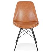Chaise design 'GORD' en skaï de qualité marron et 4 pieds avec croisillons en métal noir