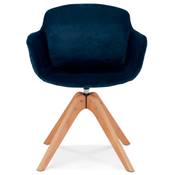 Chaise design de style scandinave à accoudoirs 'VOGAN' en velours bleu avec 4 pieds en bois naturel