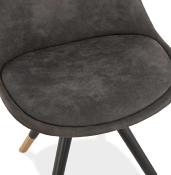 Chaise design 'Modena' en tissu grise avec 4 pieds en bois noir et métal brossé doré