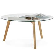 Table basse scandinave ronde 'Kölmy' plateau en verre 3 pieds en bois – Ø 90 cm