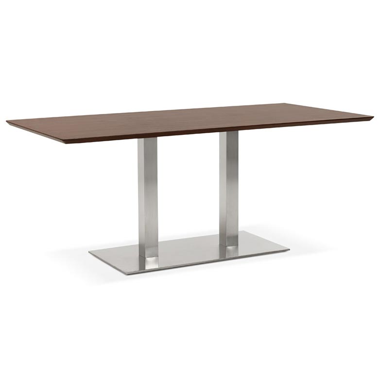 Table de salle à manger 'Tvillin' plateau noyer pied central en acier brossé - 180 x 90 cm
