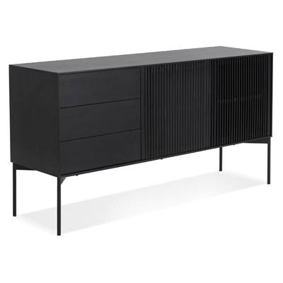 Meuble bahut buffet design 'PRATICO' en bois noir 2 portes et 3 tiroirs pieds en métal noir