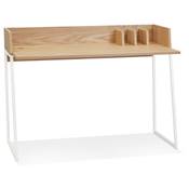 Petit bureau droit / table de travail design 'RAFFINE' bois naturel pieds métal blanc - 120 x 60 cm