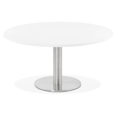 Table basse ronde lounge 'KARA MINI' blanche en bois et pied central en acier brossé - Ø 90 cm