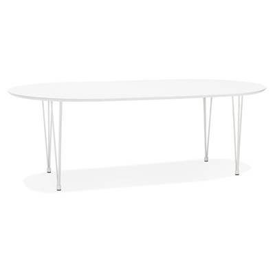 Grande table à diner / réunion ronde extensible 'STORS' plateau bois blanc mat 4 pieds métal blanc