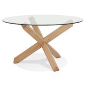 Table ronde design 'FAST GLAS' plateau en verre trempé transparent pieds Chêne massif - Ø 120 cm