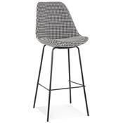 Tabouret de bar 'KESKI' en tissu pied de poule 4 pieds et repose pieds en métal noir dossier haut