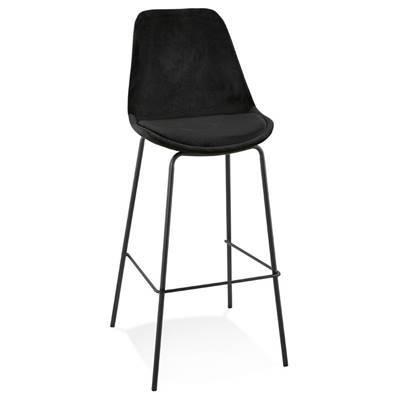Tabouret de bar baroque 'KESKI' en velours noir 4 pieds et repose pieds en métal noir dossier haut