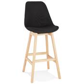 Tabouret de bar design scandinave 'CHAIRMAN' en tissu noir 4 pieds en bois naturel et dossier haut