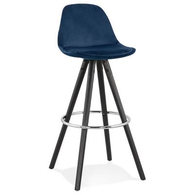 Tabouret de bar 'BLACK CIRCLE' velours bleu 4 pieds bois noir repose pieds métal chromé dossier haut