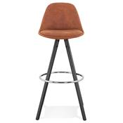 Tabouret de bar 'BLACK CIRCLE' tissu marron 4 pieds bois noir repose pieds métal chromé dossier haut