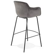Tabouret de bar design à accoudoirs moderne 'CARINO' en velours gris avec 4 pieds en métal noir