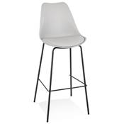 Tabouret de bar design moderne 'KESKI' gris avec 4 pieds et repose pieds en métal noir dossier haut