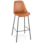 Tabouret de bar design moderne 'KESKI' marron 4 pieds et repose pieds en métal noir dossier haut