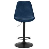 Tabouret de bar réglable 'BAROK' pivotant velours bleu pied et repose pieds métal noir dossier haut