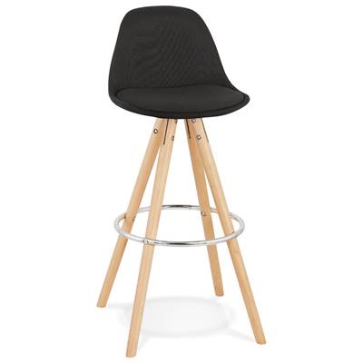 Tabouret de bar scandinave 'CIRCLE' tissu noir 4 pieds bois naturel repose pieds chromé dossier haut