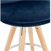 Tabouret bar scandinave 'CIRCLE' velours bleu 4 pieds bois naturel repose pieds chromé dossier haut
