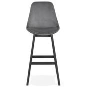 Tabouret de bar design 'CHAIRMAN BLACK EDITION' velours gris 4 pieds en bois noir dossier haut