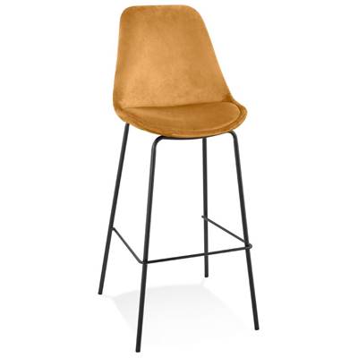 Tabouret de bar 'KESKI' en velours moutarde 4 pieds et repose pieds en métal noir dossier haut