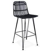 Tabouret de snack mi-hauteur design 'RATTAN' en rotin noir avec 4 pieds en métal noir dossier haut