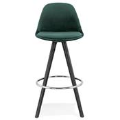 Tabouret snack mi-hauteur 'BLACK CIRCLE MINI' velours vert 4 pieds bois noir et chromé dossier haut
