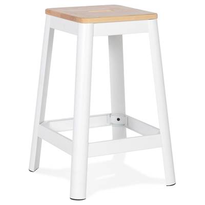 Tabouret de snack mi-hauteur style industriel carré 'FABBRICA MINI' assise bois 4 pieds métal blanc