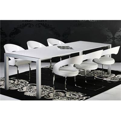 Table à diner / réunion extensible 'Luxury' blanche laquée 4 pieds métal brossé - 170(260) x 90 cm