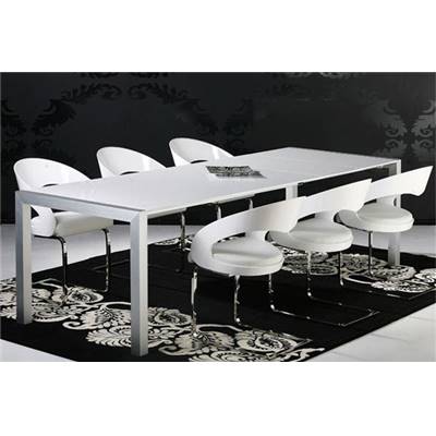 Table / table de réunion extensible 'Luxury' blanche laquée 4 pieds métal brossé - 170(260) x 90 cm