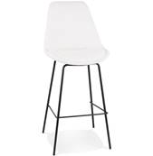 Tabouret de bar design de style moderne 'KESKI' en tissu bouclé blanc avec 4 pieds et repose pieds en métal noir dossier haut
