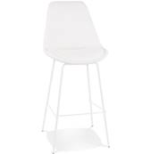Tabouret de bar design de style moderne 'KESKI' en tissu bouclé blanc 4 pieds et repose pieds métal blanc dossier haut