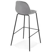Tabouret de bar design style baroque 'Tekno' en velours gris 4 pieds en métal noir et dossier haut