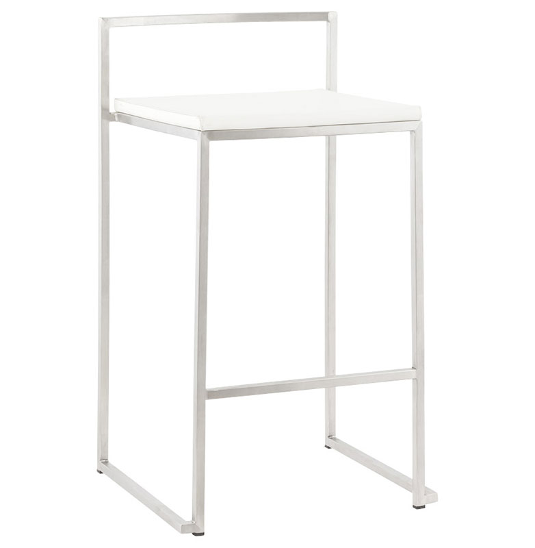 Tabouret de snack mi-hauteur empilable carré 'Iron Mini' blanc pieds en métal brossé dossier bas