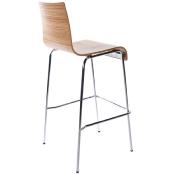 Tabouret de bar design 'Kadra' en bois zébré avec 4 pieds en métal chromé et dossier haut