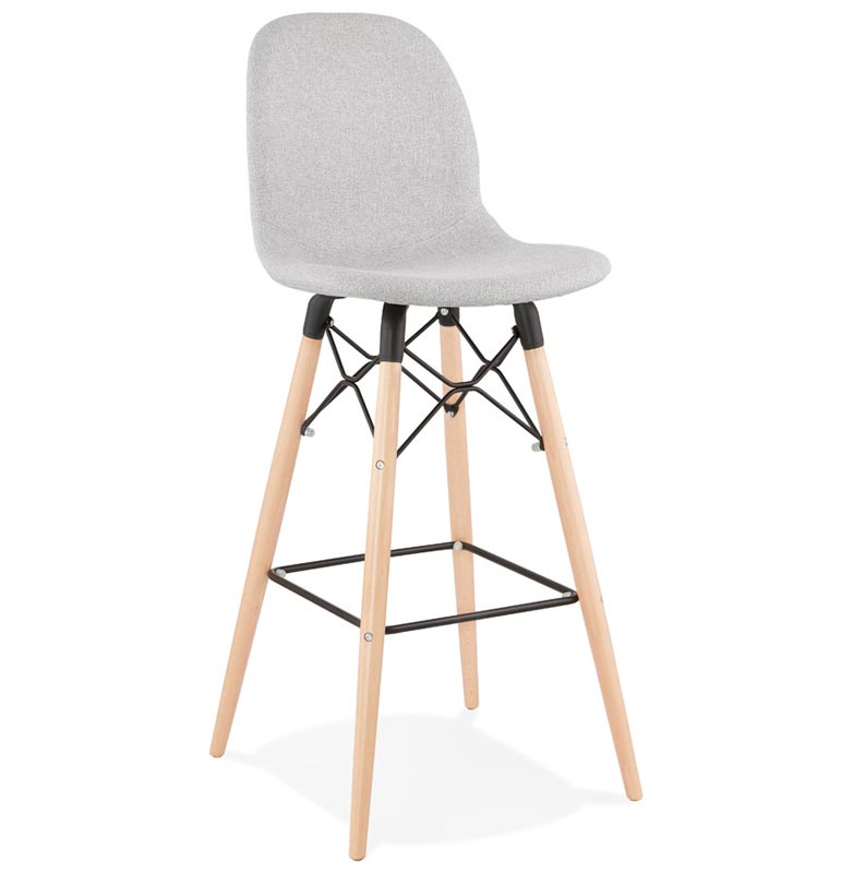 Tabouret de bar scandinave 'Verkwood' tissu gris clair 4 pieds bois repose pieds métal noir dossier haut